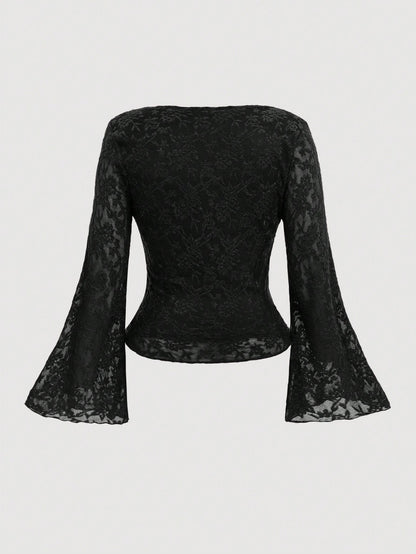 MOD Plus Size Women Black Black Ruffle Collar Flare Long Sleeve T-Shirt Top Fall