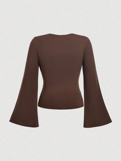 MOD Plus Size Women Black Black Ruffle Collar Flare Long Sleeve T-Shirt Top Fall