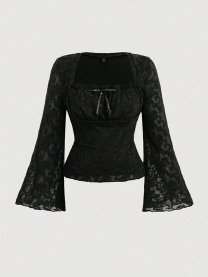 MOD Plus Size Women Black Black Ruffle Collar Flare Long Sleeve T-Shirt Top Fall