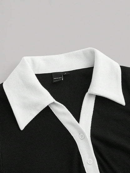 MOD Preppy Style Black And White Contrast Collar Button Front Dress