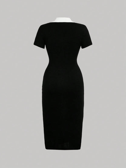 MOD Preppy Style Black And White Contrast Collar Button Front Dress