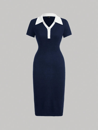 MOD Preppy Style Black And White Contrast Collar Button Front Dress