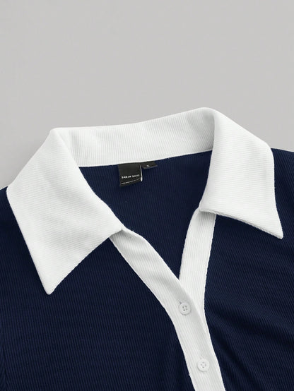 MOD Preppy Style Black And White Contrast Collar Button Front Dress