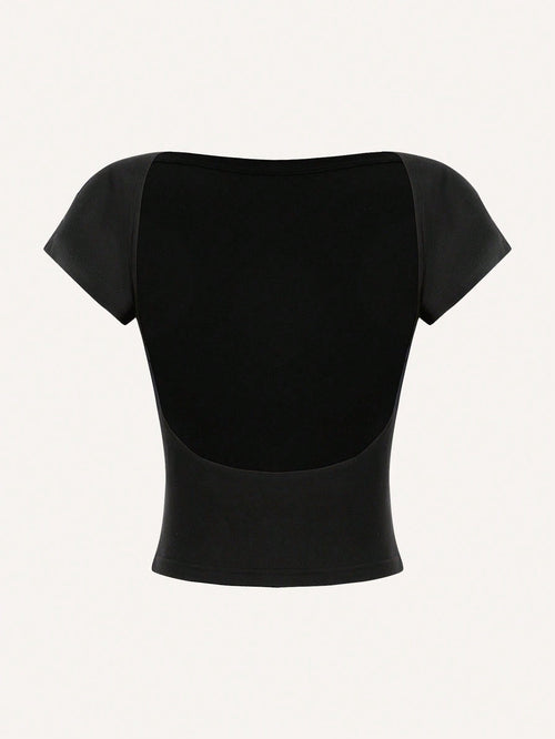 MOD Sexy Casual Minimalist Solid Color Off Shoulder Short Sleeve Backless Fitted Women T-Shirts, Suitable For Summer Suitable For Going Out