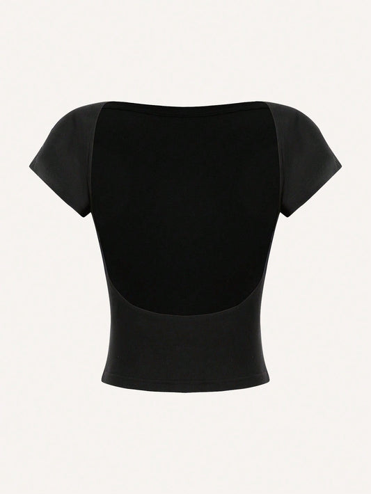 MOD Sexy Casual Minimalist Solid Color Off Shoulder Short Sleeve Backless Fitted Women T-Shirts, Suitable For Summer Suitable For Going Out