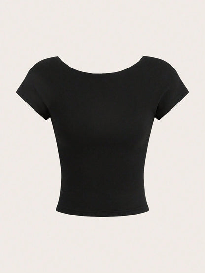 MOD Sexy Casual Minimalist Solid Color Off Shoulder Short Sleeve Backless Fitted Women T-Shirts, Suitable For Summer Suitable For Going Out