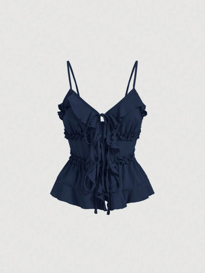MOD Summer Navy Bodycon Ruffle Cup Wireless Bralette With Front Knot And Back Straps
