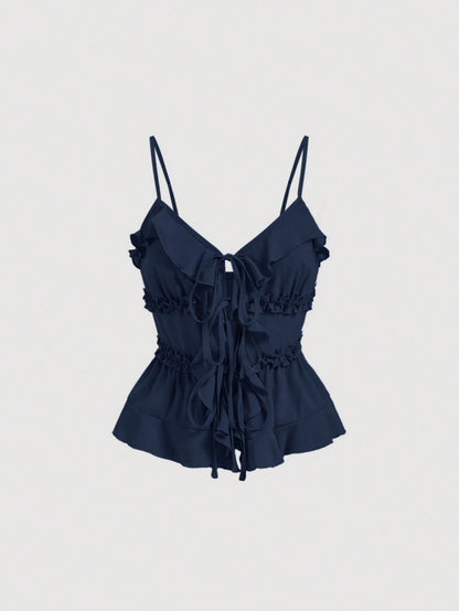 MOD Summer Navy Bodycon Ruffle Cup Wireless Bralette With Front Knot And Back Straps