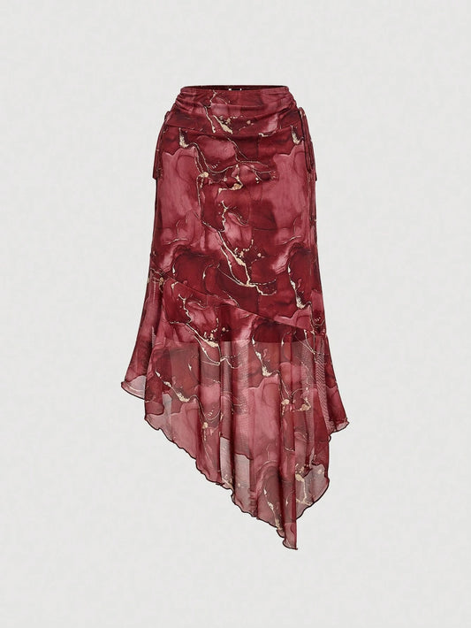 MOD Women's Asymmetrical Ruched Waist Tie Dye Burgundy Versatile A-Line Skirt, Red Silk High Waisted Vintage, Charming, Half Fall Clothes For Women
