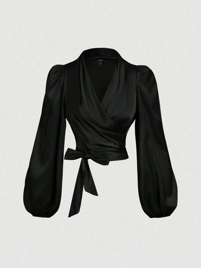 MOD Women's Black Wrap-Around Tie-Up Bow Batwing Sleeve Blouse,Women Shirts,Glittery Blouse,New Years Top
