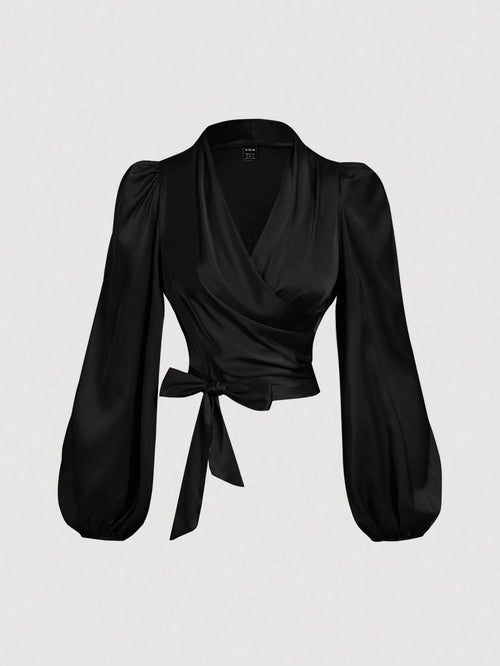 MOD Women's Black Wrap-Around Tie-Up Bow Batwing Sleeve Blouse,Women Shirts,Glittery Blouse,New Years Top