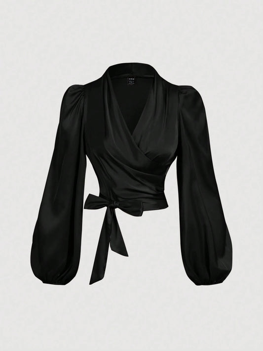 MOD Women's Black Wrap-Around Tie-Up Bow Batwing Sleeve Blouse,Women Shirts,Glittery Blouse,New Years Top