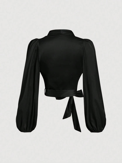 MOD Women's Black Wrap-Around Tie-Up Bow Batwing Sleeve Blouse,Women Shirts,Glittery Blouse,New Years Top