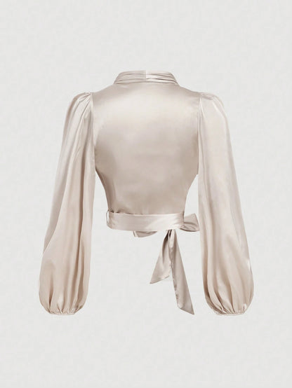 MOD Women's Black Wrap-Around Tie-Up Bow Batwing Sleeve Blouse,Women Shirts,Glittery Blouse,New Years Top