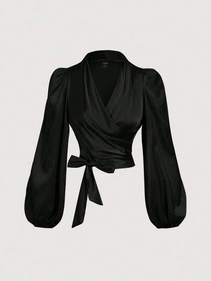 MOD Women's Black Wrap-Around Tie-Up Bow Batwing Sleeve Blouse,Women Shirts,Glittery Blouse,New Years Top