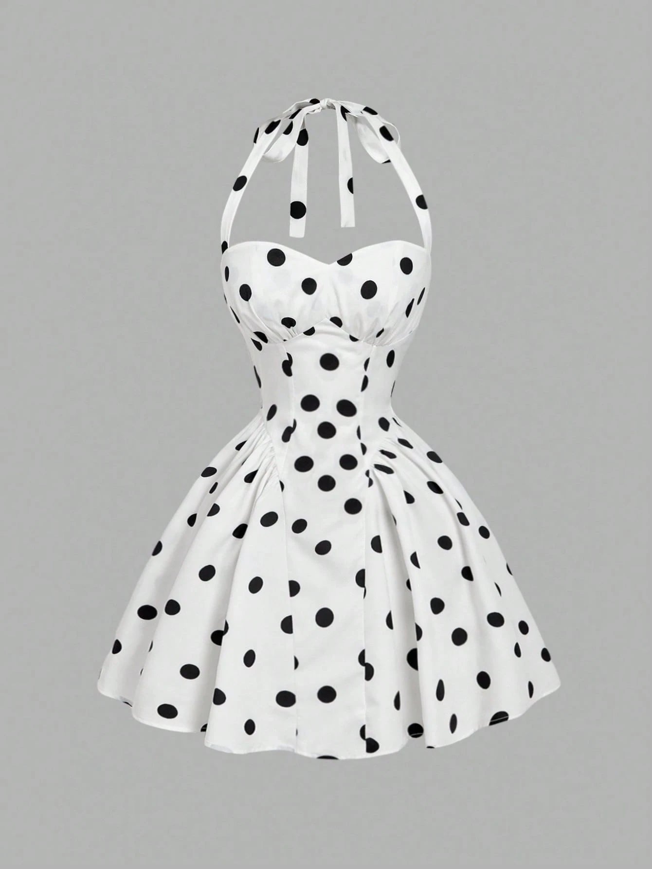 MOD Women's Cute White With Black Polka Dots Halter Dress,Retro 70s Retro Vintage Sleeveless Fit Flare Summer Dress,Wedding Guest Vacation Party,Birthday