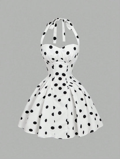 MOD Women's Cute White With Black Polka Dots Halter Dress,Retro 70s Retro Vintage Sleeveless Fit Flare Summer Dress,Wedding Guest Vacation Party,Birthday