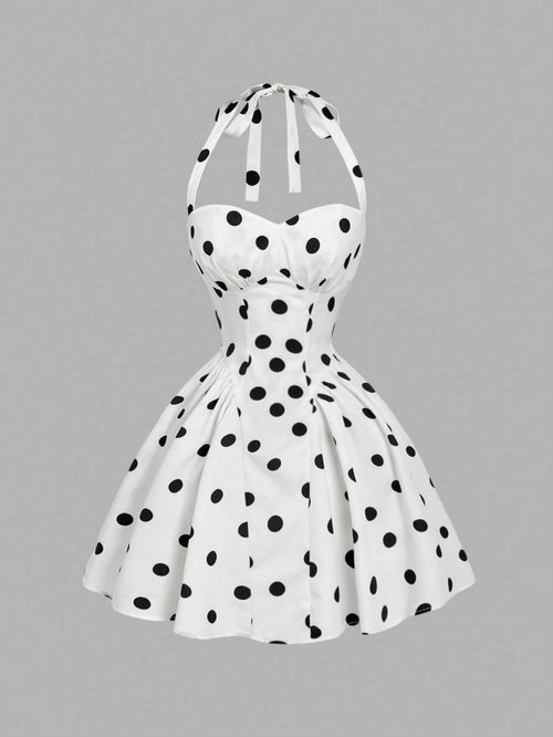 MOD Women's Cute White With Black Polka Dots Halter Dress,Retro 70s Retro Vintage Sleeveless Fit Flare Summer Dress,Wedding Guest Vacation Party,Birthday