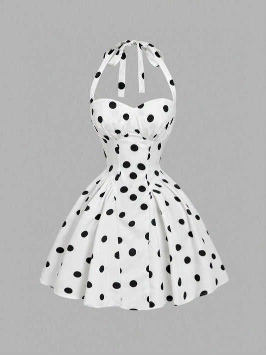MOD Women's Cute White With Black Polka Dots Halter Dress,Retro 70s Retro Vintage Sleeveless Fit Flare Summer Dress,Wedding Guest Vacation Party,Birthday