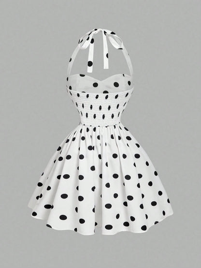 MOD Women's Cute White With Black Polka Dots Halter Dress,Retro 70s Retro Vintage Sleeveless Fit Flare Summer Dress,Wedding Guest Vacation Party,Birthday