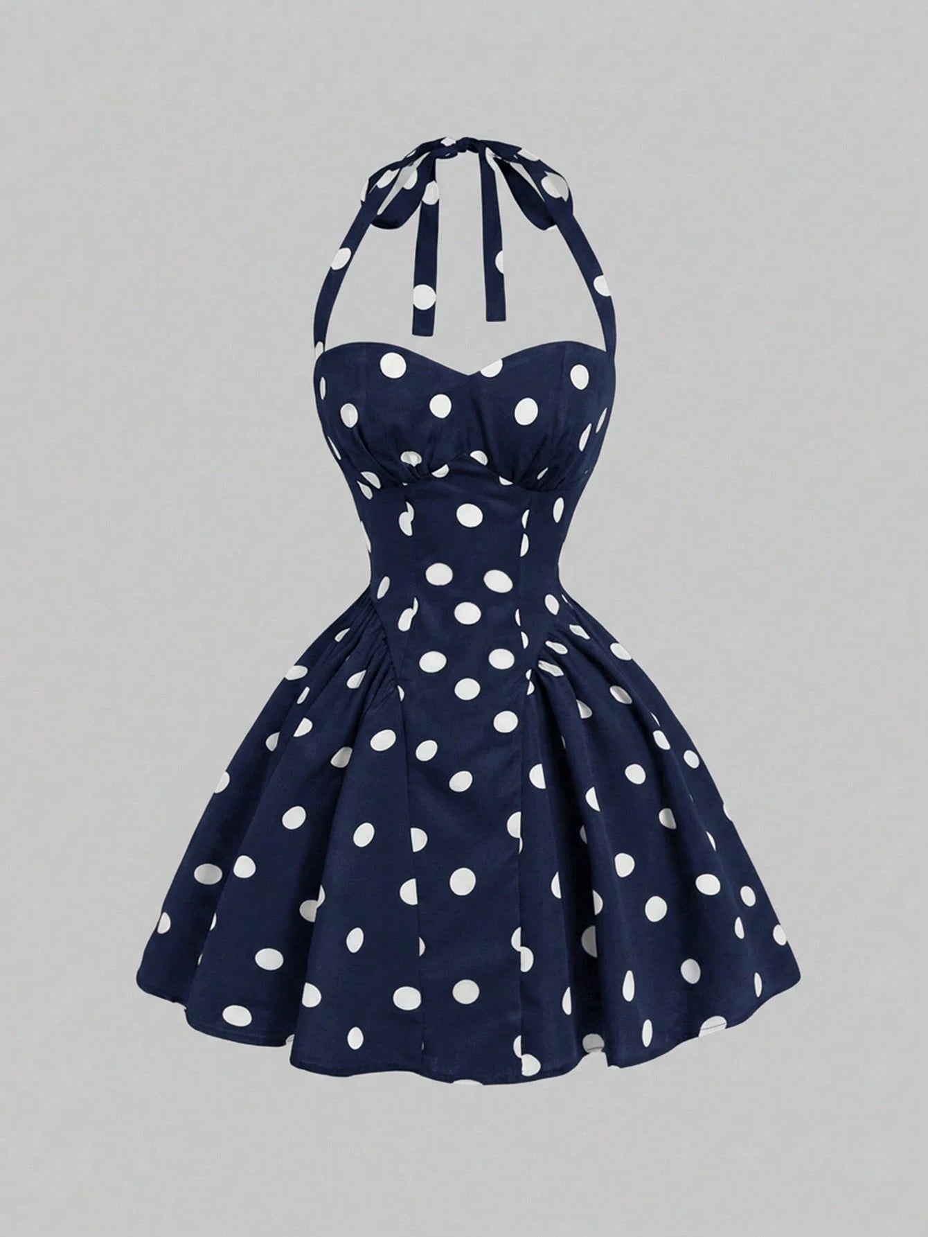 MOD Women's Cute White With Black Polka Dots Halter Dress,Retro 70s Retro Vintage Sleeveless Fit Flare Summer Dress,Wedding Guest Vacation Party,Birthday