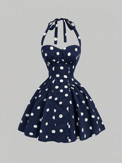 MOD Women's Cute White With Black Polka Dots Halter Dress,Retro 70s Retro Vintage Sleeveless Fit Flare Summer Dress,Wedding Guest Vacation Party,Birthday