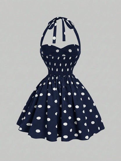MOD Women's Cute White With Black Polka Dots Halter Dress,Retro 70s Retro Vintage Sleeveless Fit Flare Summer Dress,Wedding Guest Vacation Party,Birthday