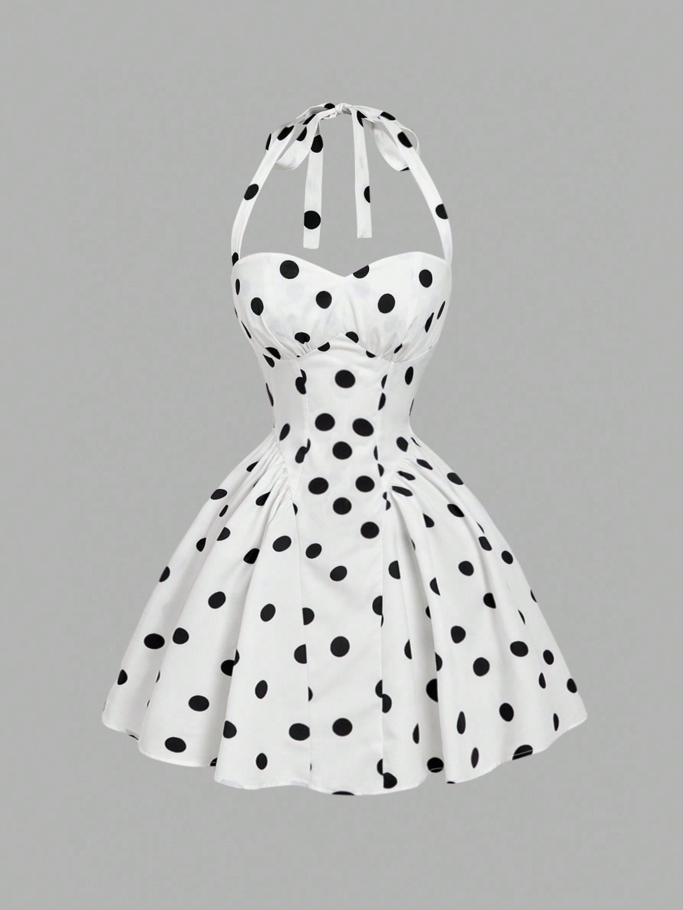 MOD Women's Cute White With Black Polka Dots Halter Dress,Retro 70s Retro Vintage Sleeveless Fit Flare Summer Dress,Wedding Guest Vacation Party,Birthday