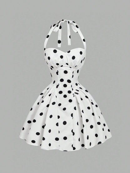 MOD Women's Cute White With Black Polka Dots Halter Dress,Retro 70s Retro Vintage Sleeveless Fit Flare Summer Dress,Wedding Guest Vacation Party,Birthday