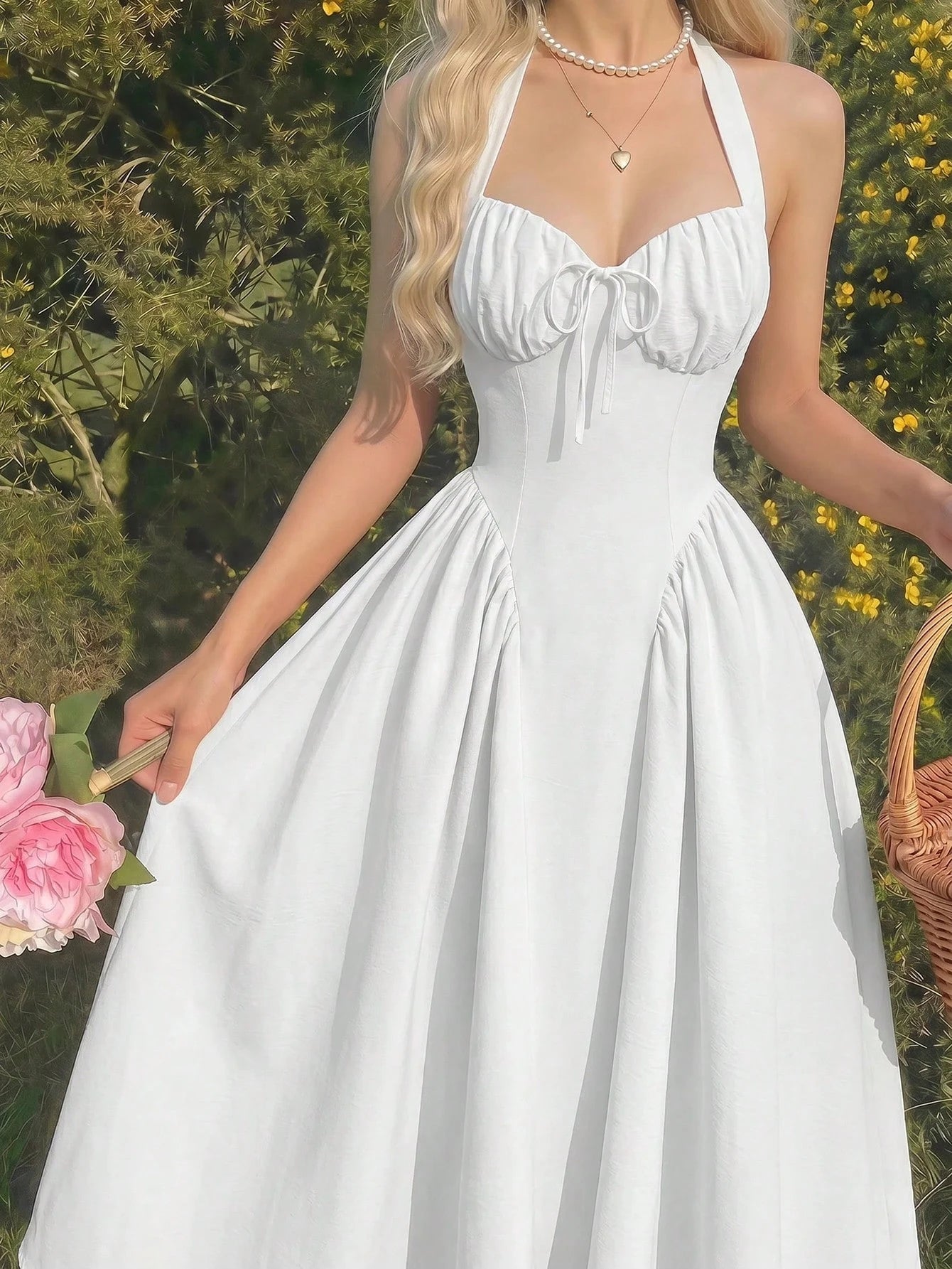 MOD Women's Halter Neck Ruched Bow Swing Dress,White,Summer,Elegant,Tea Party Princess Outfits For Masquerade Ball,Birthday,New Year & Fall Wedding