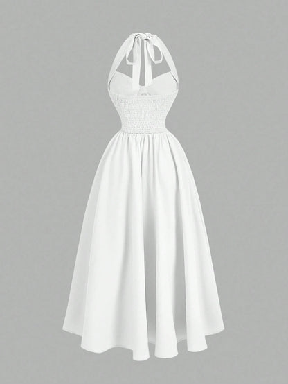 MOD Women's Halter Neck Ruched Bow Swing Dress,White,Summer,Elegant,Tea Party Princess Outfits For Masquerade Ball,Birthday,New Year & Fall Wedding