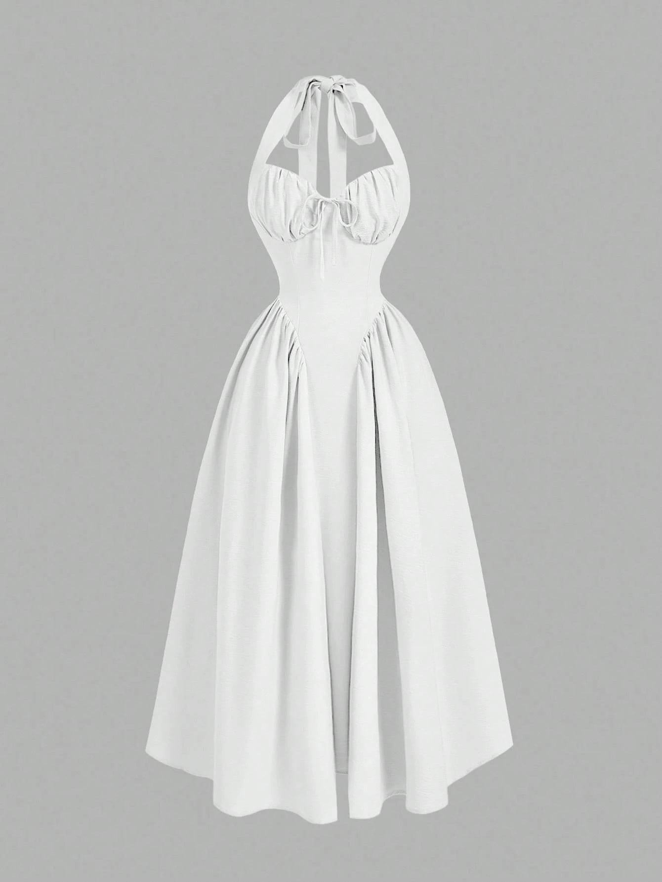 MOD Women's Halter Neck Ruched Bow Swing Dress,White,Summer,Elegant,Tea Party Princess Outfits For Masquerade Ball,Birthday,New Year & Fall Wedding