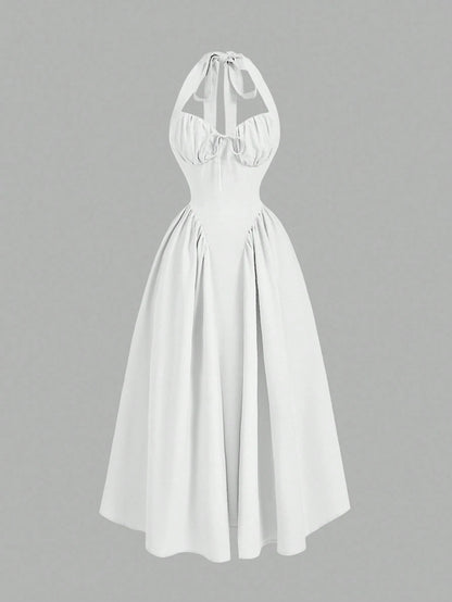 MOD Women's Halter Neck Ruched Bow Swing Dress,White,Summer,Elegant,Tea Party Princess Outfits For Masquerade Ball,Birthday,New Year & Fall Wedding