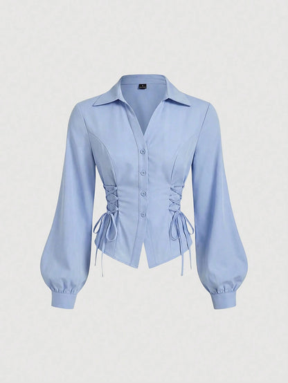 MOD Women's Solid Color Lapel Single-Breasted Tie Design Casual Versatile Daily Wear Lantern Sleeve Shirt