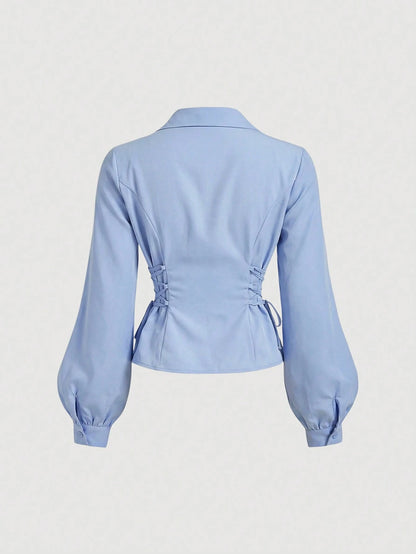 MOD Women's Solid Color Lapel Single-Breasted Tie Design Casual Versatile Daily Wear Lantern Sleeve Shirt