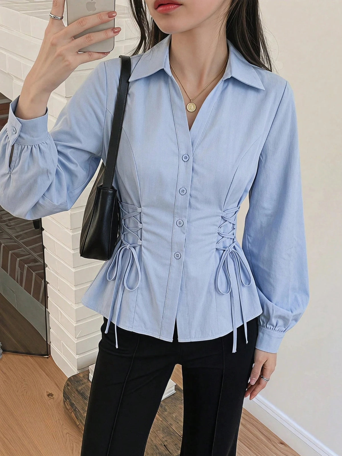 MOD Women's Solid Color Lapel Single-Breasted Tie Design Casual Versatile Daily Wear Lantern Sleeve Shirt
