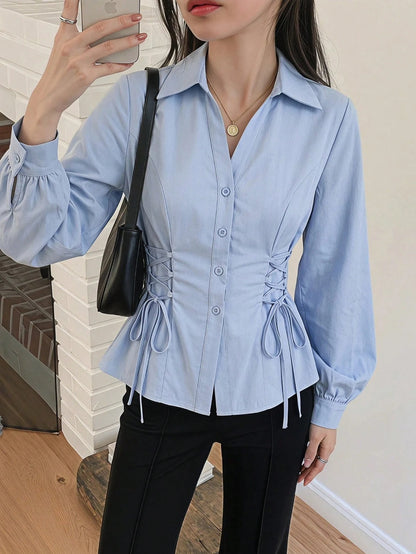 MOD Women's Solid Color Lapel Single-Breasted Tie Design Casual Versatile Daily Wear Lantern Sleeve Shirt