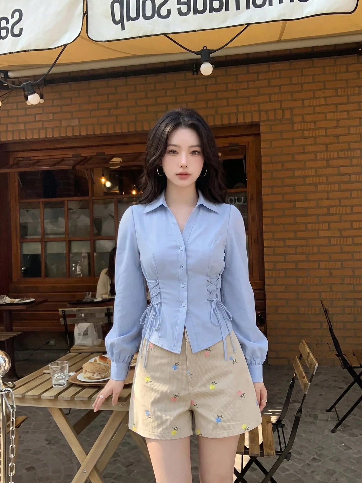 MOD Women's Solid Color Lapel Single-Breasted Tie Design Casual Versatile Daily Wear Lantern Sleeve Shirt