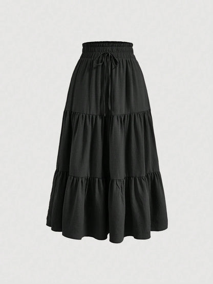 MOD Women's Solid Color Tie Waist Ruffle Hem Casual A-Line Skirt