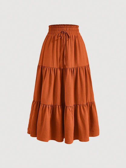 MOD Women's Solid Color Tie Waist Ruffle Hem Casual A-Line Skirt