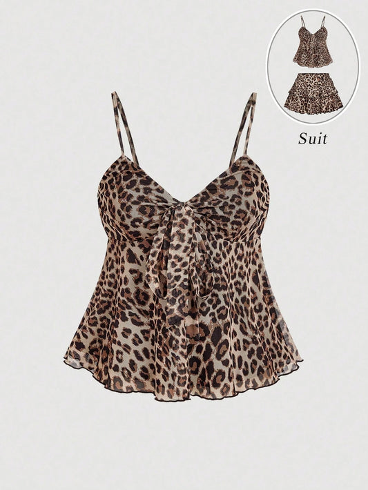 MOD Women's Spaghetti Strap Leopard Print Ruffle Hem Tie Front Camisole, Beige Summer Chic Sexy Club Vacation Night Cheetah Top, Halloween Costumes Party