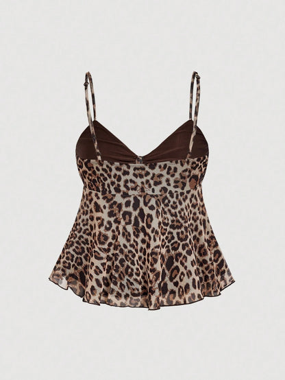 MOD Women's Spaghetti Strap Leopard Print Ruffle Hem Tie Front Camisole, Beige Summer Chic Sexy Club Vacation Night Cheetah Top, Halloween Costumes Party