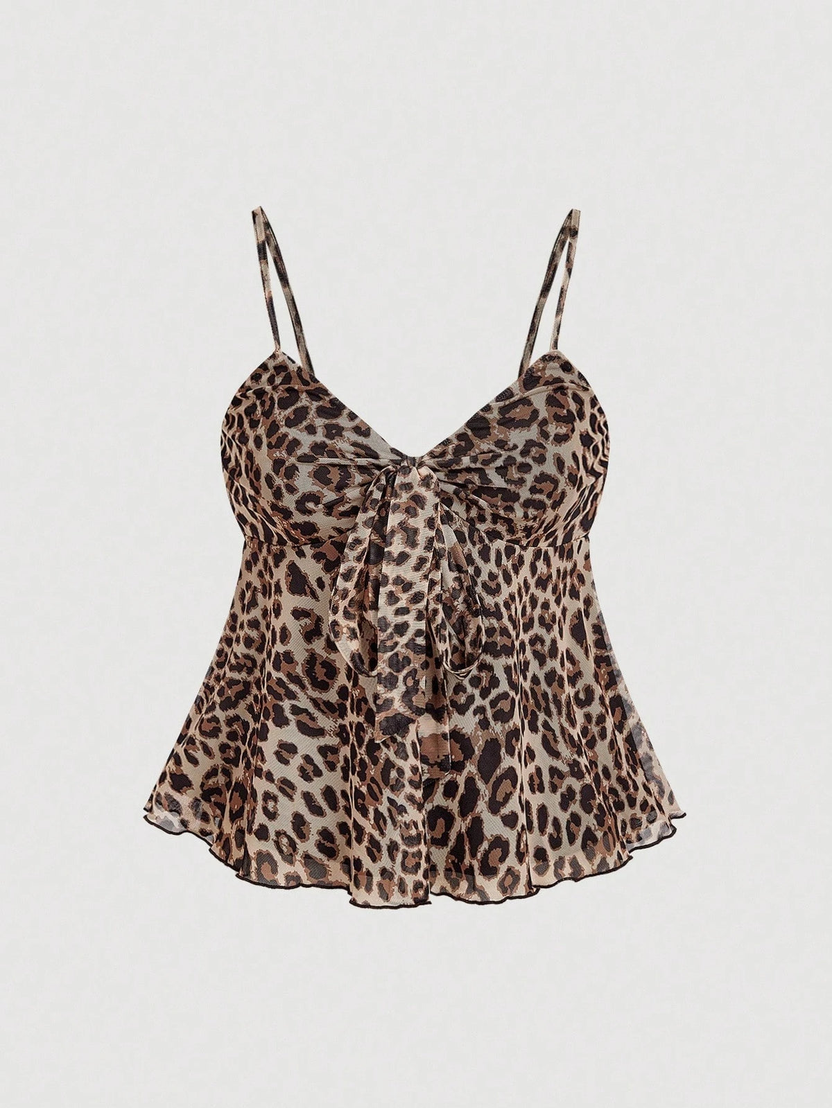 MOD Women's Spaghetti Strap Leopard Print Ruffle Hem Tie Front Camisole, Beige Summer Chic Sexy Club Vacation Night Cheetah Top, Halloween Costumes Party