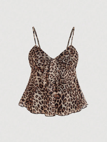MOD Women's Spaghetti Strap Leopard Print Ruffle Hem Tie Front Camisole, Beige Summer Chic Sexy Club Vacation Night Cheetah Top, Halloween Costumes Party
