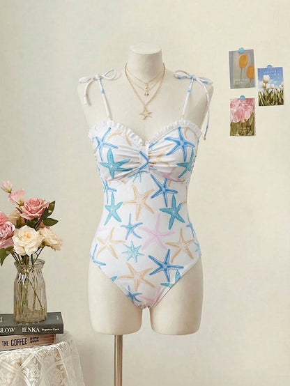 MOD Women's Starfish Print Ruched One-Piece Swimsuit, Women's Elegant Beach Swimsuit, Summer Outfit For Women, Suitable For Beach Vacation, Vintage, Western Wear Women, Women's Starfish Print Ru