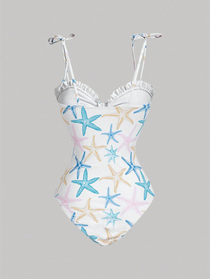 MOD Women's Starfish Print Ruched One-Piece Swimsuit, Women's Elegant Beach Swimsuit, Summer Outfit For Women, Suitable For Beach Vacation, Vintage, Western Wear Women, Women's Starfish Print Ru