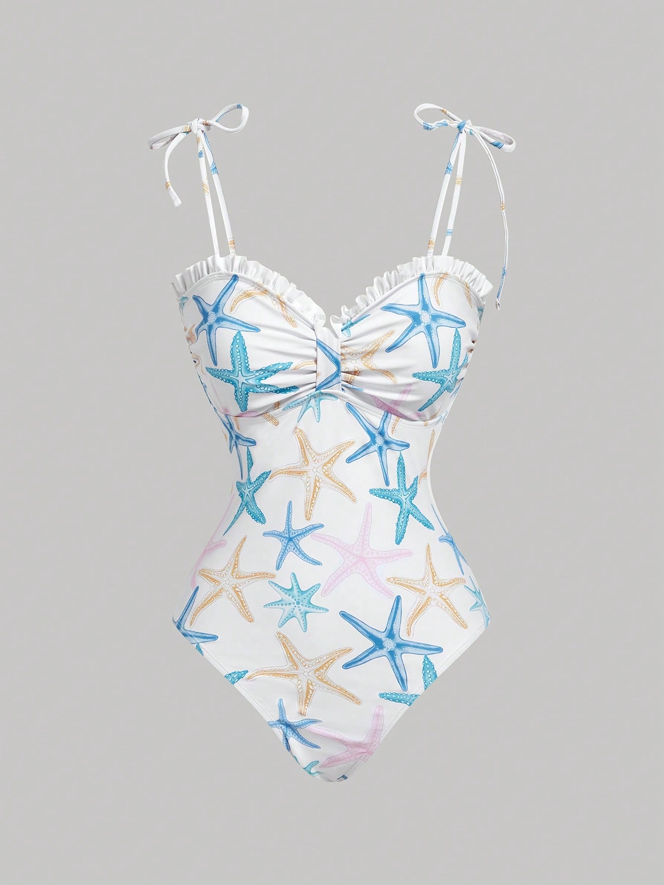 MOD Women's Starfish Print Ruched One-Piece Swimsuit, Women's Elegant Beach Swimsuit, Summer Outfit For Women, Suitable For Beach Vacation, Vintage, Western Wear Women, Women's Starfish Print Ru