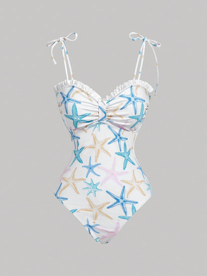 MOD Women's Starfish Print Ruched One-Piece Swimsuit, Women's Elegant Beach Swimsuit, Summer Outfit For Women, Suitable For Beach Vacation, Vintage, Western Wear Women, Women's Starfish Print Ru