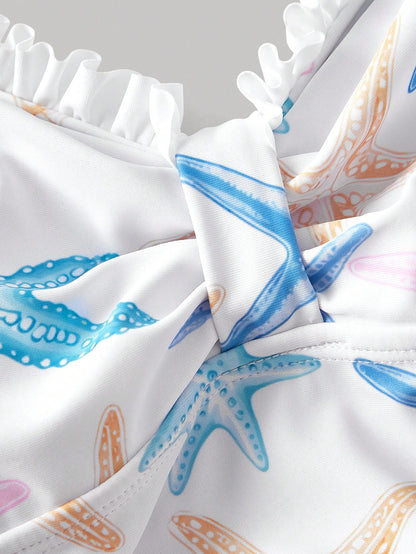 MOD Women's Starfish Print Ruched One-Piece Swimsuit, Women's Elegant Beach Swimsuit, Summer Outfit For Women, Suitable For Beach Vacation, Vintage, Western Wear Women, Women's Starfish Print Ru