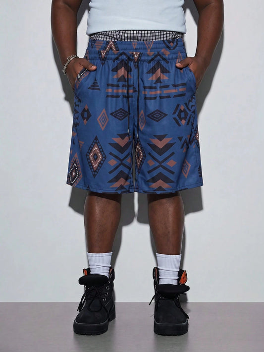 Modcrash Plus Size Men's Casual Geometric Digital Print Beach Shorts, Suitable For Beach Vacation, Daily Wear And School